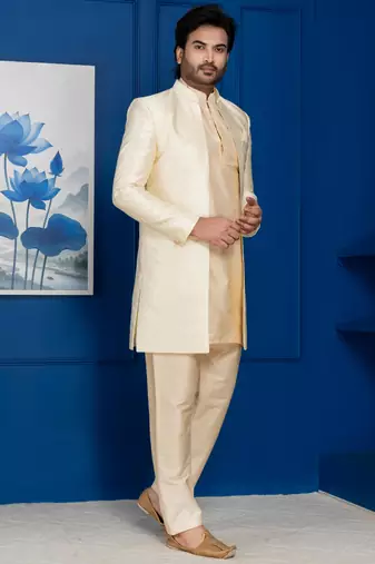 Gold jacquard blend indo western and golden kurta pyjama set for men with embroidered work