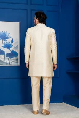 Gold jacquard blend indo western and golden kurta pyjama set for men with embroidered work 4