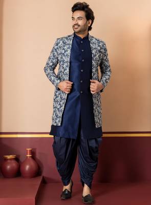 navy blue jacquard blend indo western green open sherwani and dhoti set for men with printed design 1