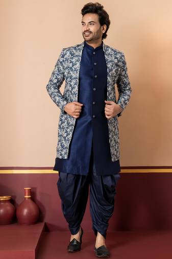 Nevy blue jacquard blend indo western green open sherwani and dhoti set for men with printed design