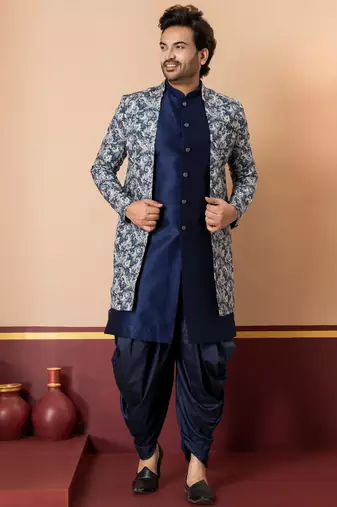 navy blue jacquard blend indo western green open sherwani and dhoti set for men with printed design