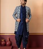 navy blue jacquard blend indo western green open sherwani and dhoti set for men with printed design