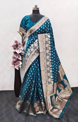 Turquoise art silk blend banarasi jacuard work saree with unstitched blouse piece 6