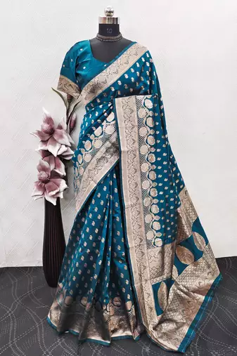 Turquoise art silk blend banarasi jacuard work saree with unstitched blouse piece