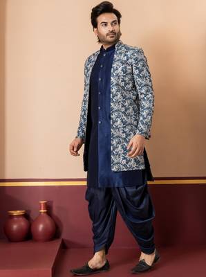navy blue jacquard blend indo western green open sherwani and dhoti set for men with printed design 2