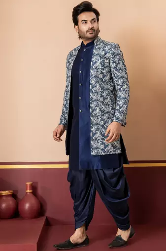 navy blue jacquard blend indo western green open sherwani and dhoti set for men with printed design
