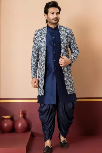 navy blue jacquard blend indo western green open sherwani and dhoti set for men with printed design