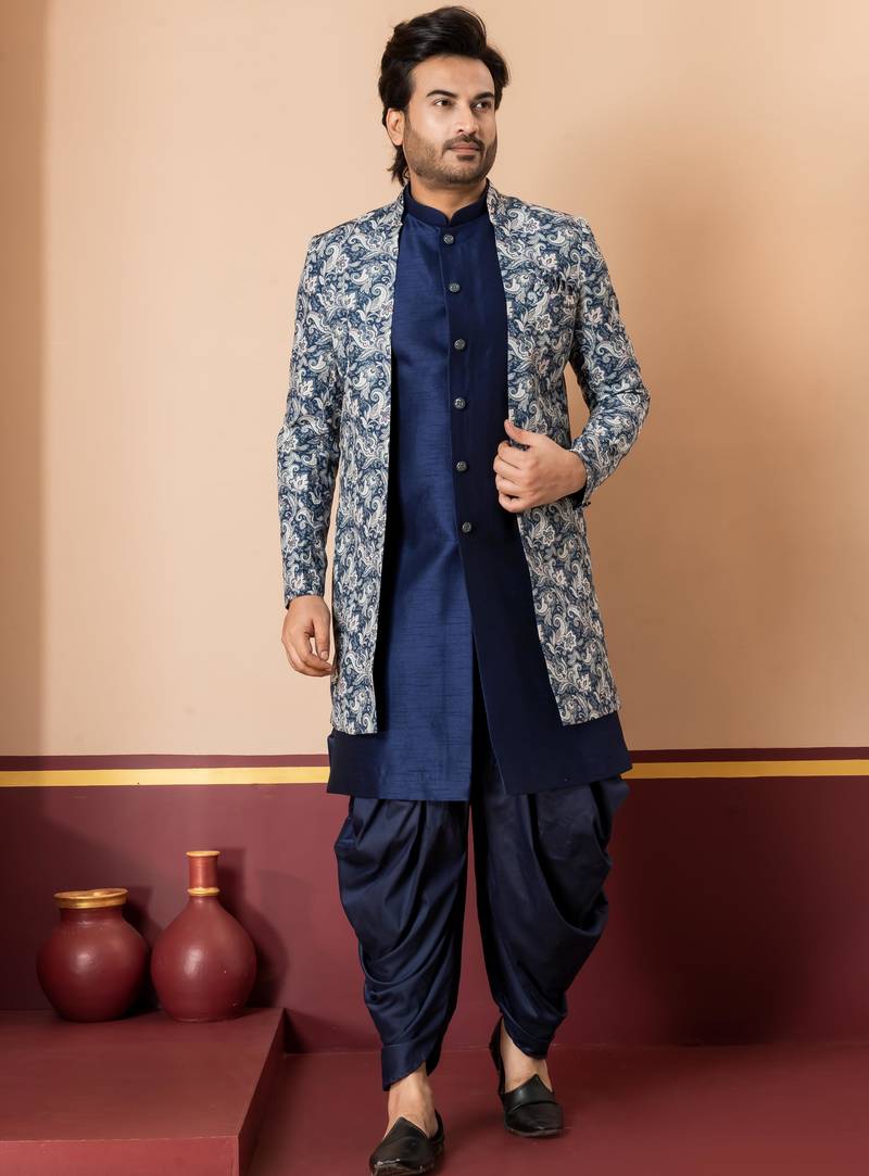 navy blue jacquard blend indo western green open sherwani and dhoti set for men with printed design