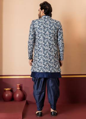 navy blue jacquard blend indo western green open sherwani and dhoti set for men with printed design 4