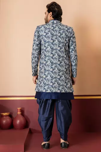 navy blue jacquard blend indo western green open sherwani and dhoti set for men with printed design