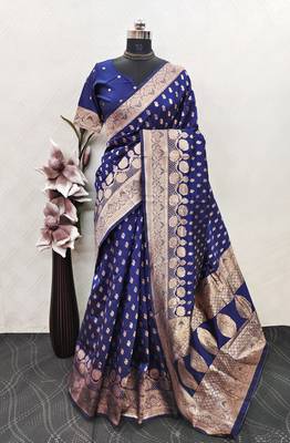 Blue art silk blend banarasi jacuard work saree with unstitched blouse piece 6