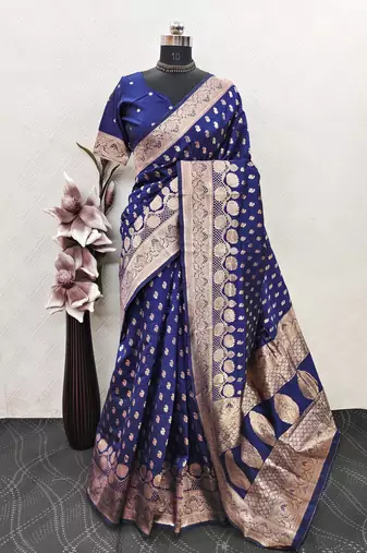 Blue art silk blend banarasi jacuard work saree with unstitched blouse piece