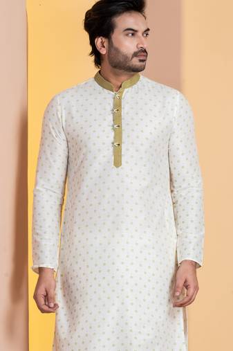 white silk blend kurta set for men with printed work