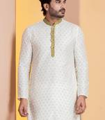 white silk blend kurta set for men with printed work