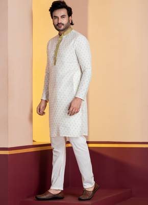 white silk blend kurta set for men with printed work 2