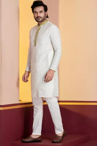 white silk blend kurta set for men with printed work