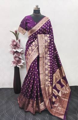 Wine art silk blend banarasi jacuard work saree with unstitched blouse piece 6