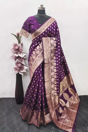 Wine art silk blend banarasi jacuard work saree with unstitched blouse piece