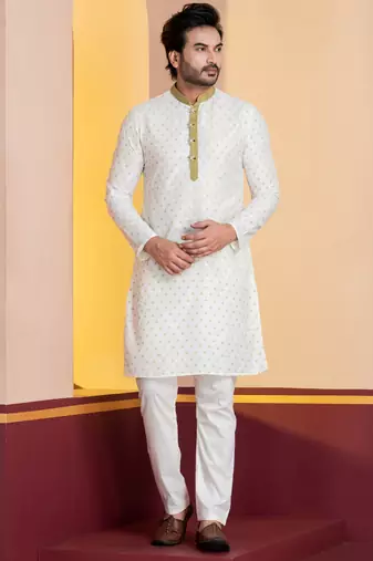white silk blend kurta set for men with printed work