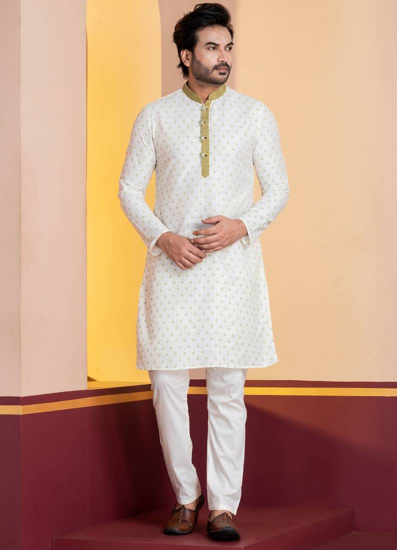 white silk blend kurta set for men with printed work