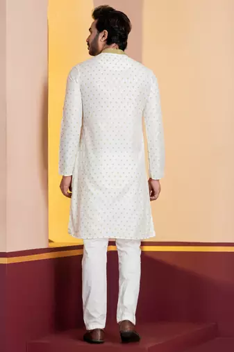 white silk blend kurta set for men with printed work
