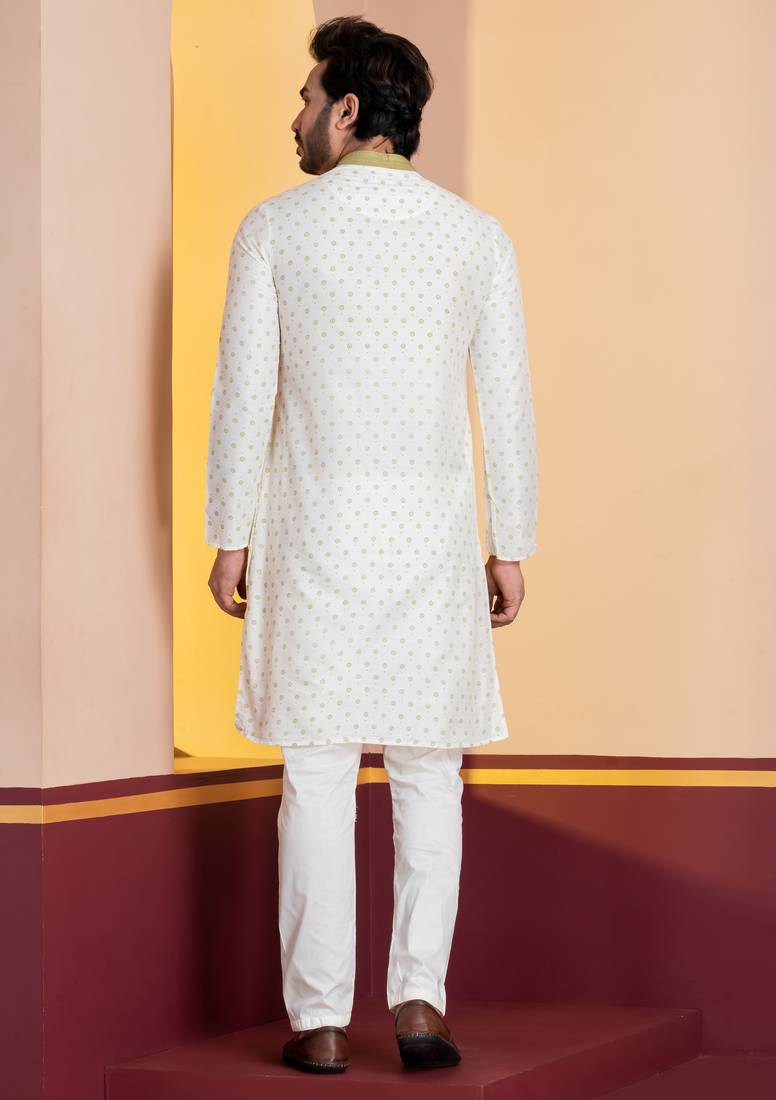white silk blend kurta set for men with printed work