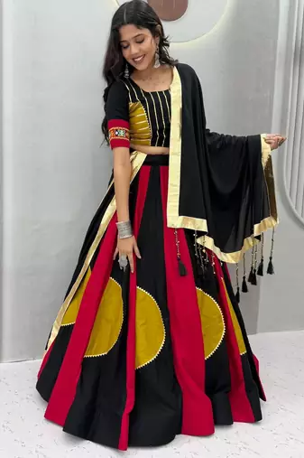 Black Color Beautifull multi colour kadi Cotton Navratri Lahenga Choli Set