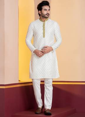 white silk blend kurta pyjama set for men with printed work 1