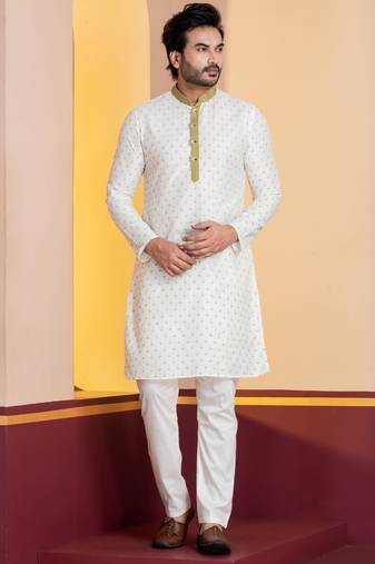 white silk blend kurta pyjama set for men with printed work