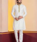 white silk blend kurta pyjama set for men with printed work