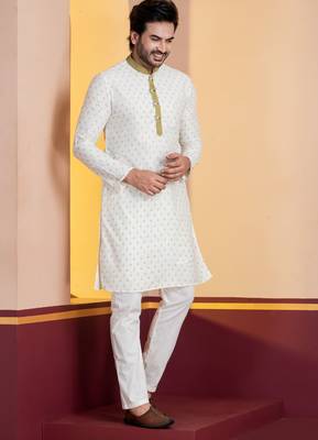 white silk blend kurta pyjama set for men with printed work 2