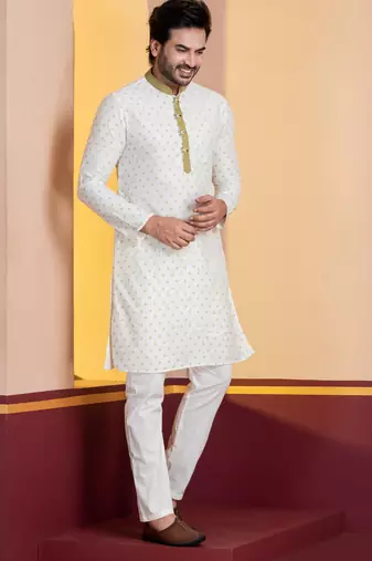 white silk blend kurta pyjama set for men with printed work