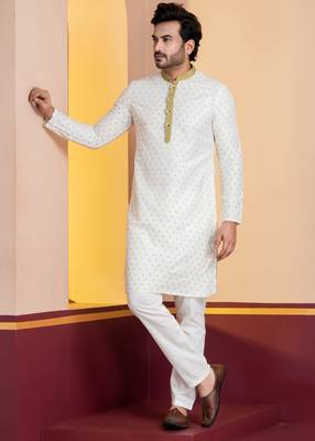 white silk blend kurta pyjama set for men with printed work 3