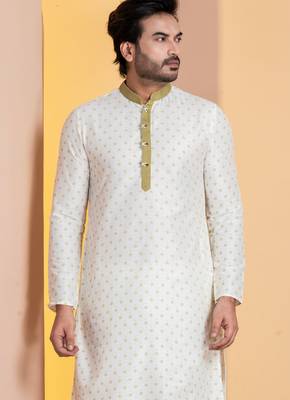 white silk blend kurta pyjama set for men with printed work 4