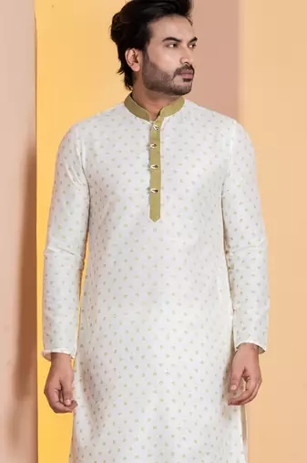 white silk blend kurta pyjama set for men with printed work