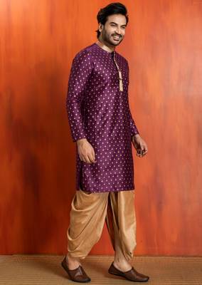 purple silk blend kurta for men with printed work 3
