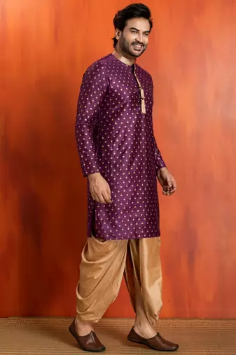 purple silk blend kurta for men with printed work