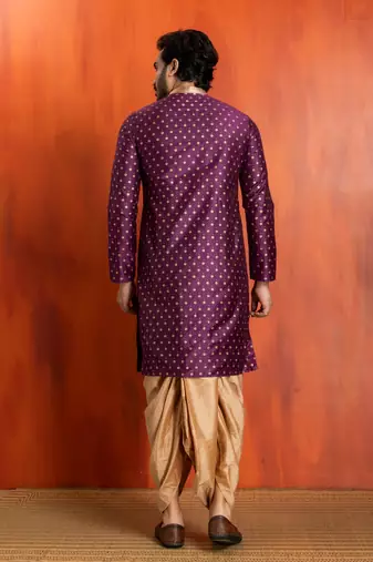 purple silk blend kurta for men with printed work