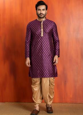 purple silk blend kurta dhoti set for men with printed work 1