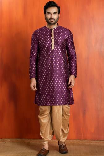 purple silk blend kurta dhoti set for men with printed work