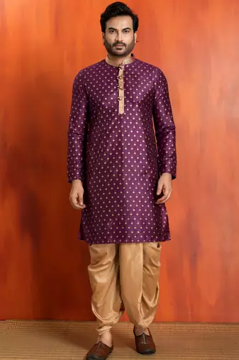 purple silk blend kurta dhoti set for men with printed work