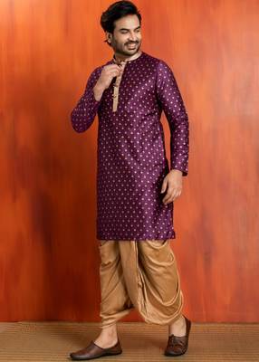 purple silk blend kurta dhoti set for men with printed work 2