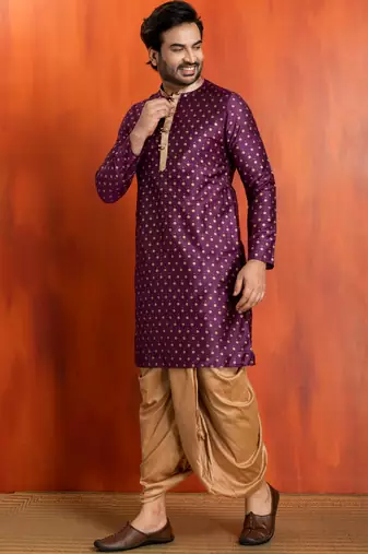purple silk blend kurta dhoti set for men with printed work