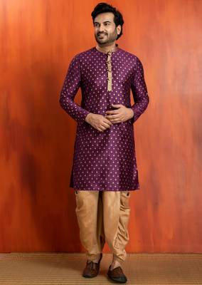 purple silk blend kurta dhoti set for men with printed work 3