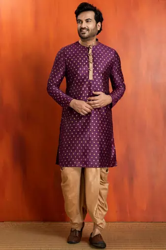 purple silk blend kurta dhoti set for men with printed work