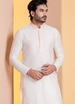 white silk blend kurta set for men with printed work 1