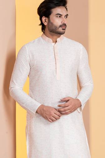 white silk blend kurta set for men with printed work