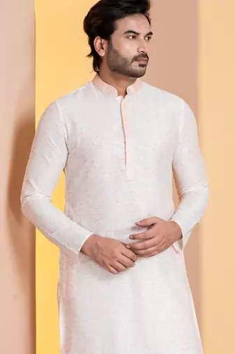 white silk blend kurta set for men with printed work
