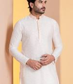 white silk blend kurta set for men with printed work