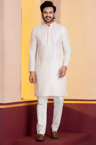 white silk blend kurta set for men with printed work